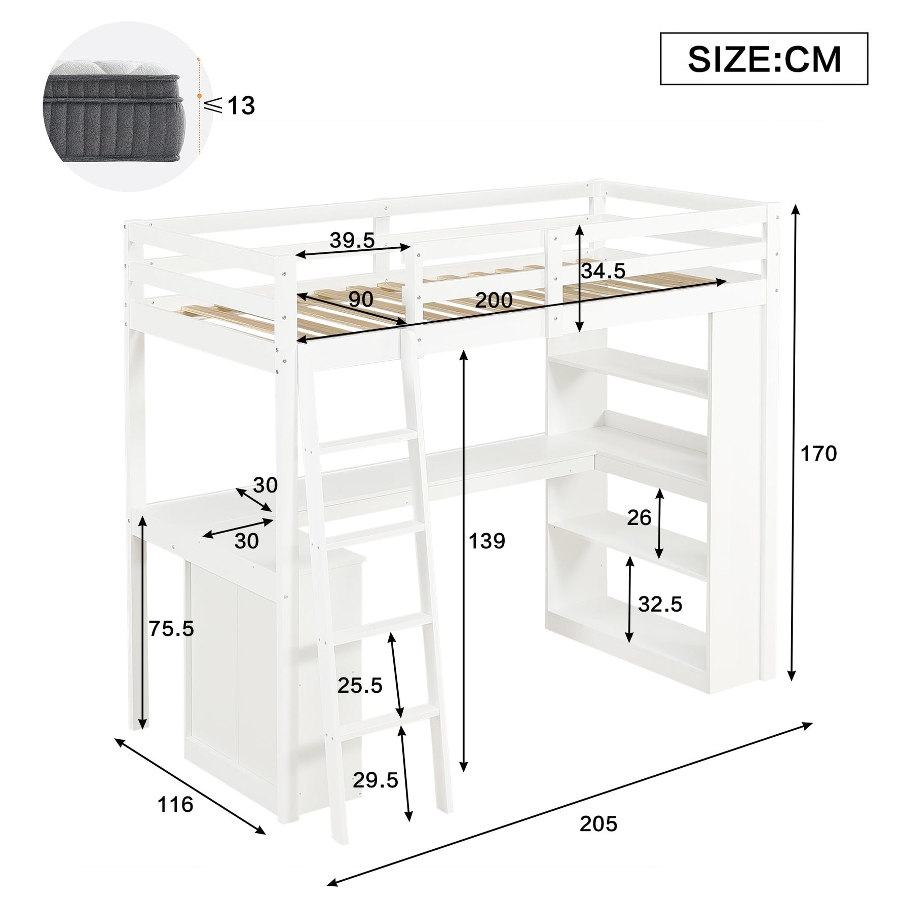 Bunk Bed Children's Storage Shelf Safety Railing Angled Ladder 90x200cm, Pine Chipboard White