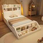 Wooden Single Bed with Shelves, Nightlights and Removable Bookshelf, White