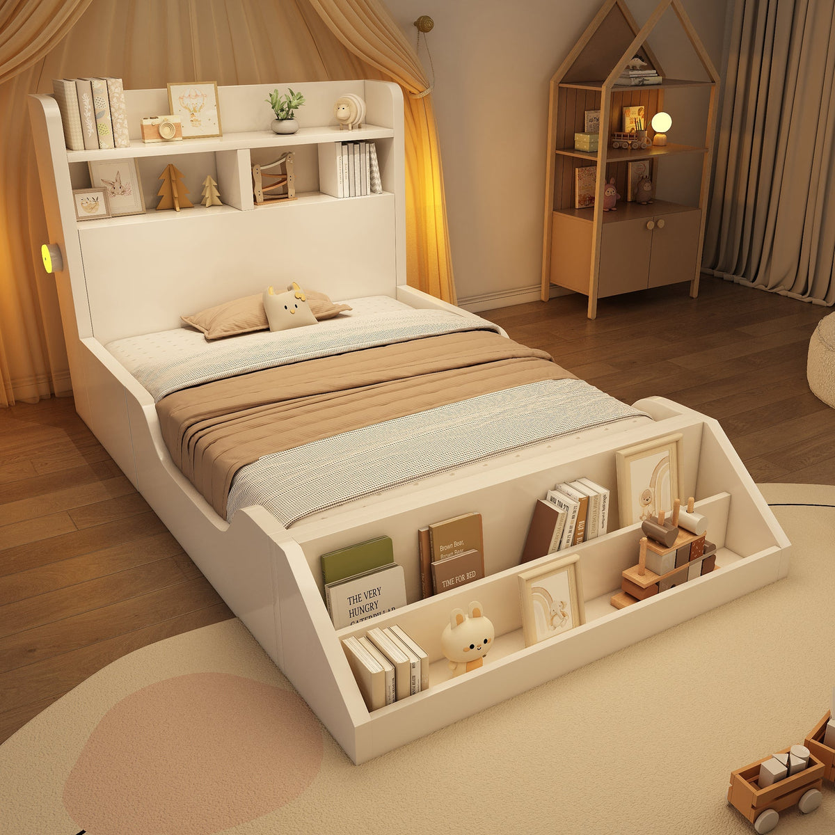 Wooden Single Bed with Shelves, Nightlights and Removable Bookshelf, White