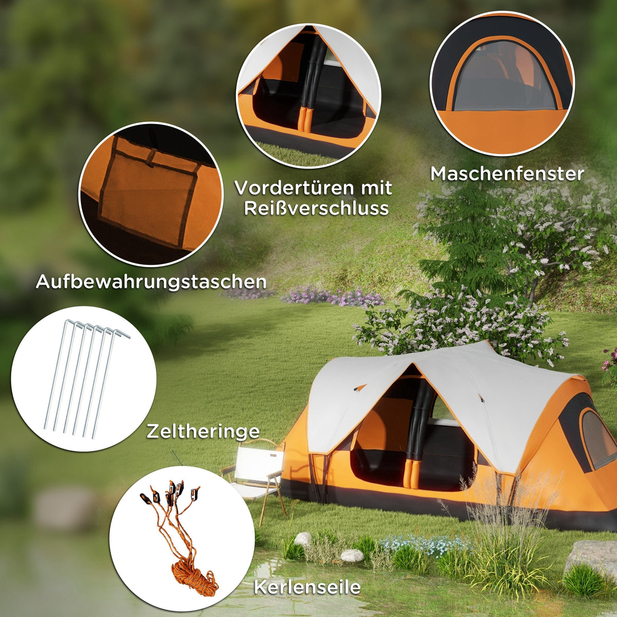 Camping Tent, Tunnel Tent 8-Person 2 Rooms Windproof 2000mm Water-Repellent, Orange