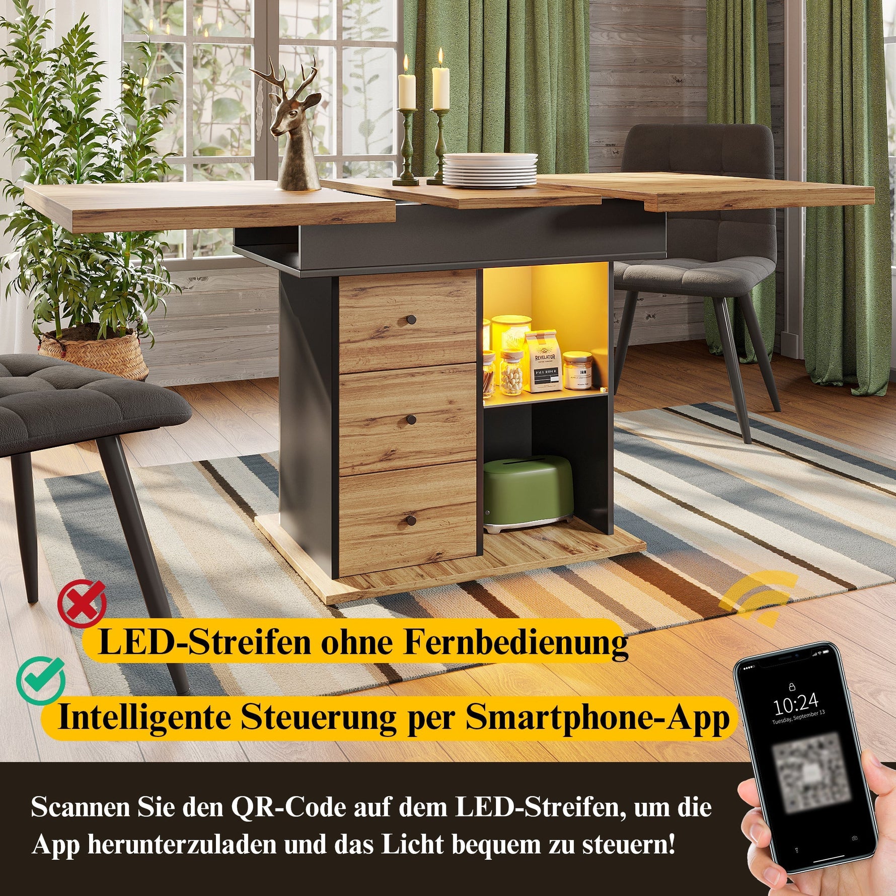 Telescopic Dining Table with Extendable Top and LED Lighting, Black