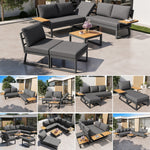 L-shaped Garden Sofa Set Weatherproof 7-Seater Corner Lounger Wooden Armrests Iron Grey/Beige