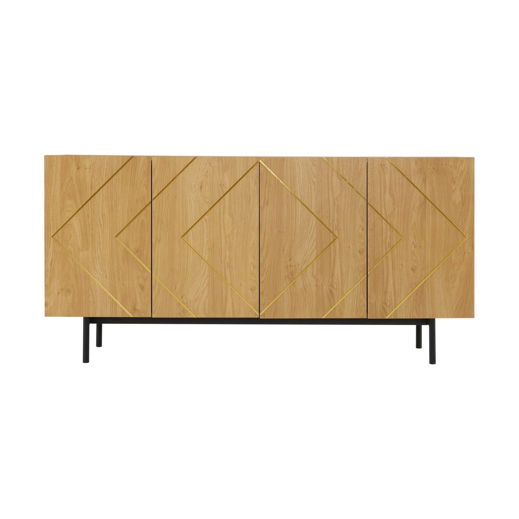 Sideboard living room buffet cabinet with 4 doors and metal inlay natural wood