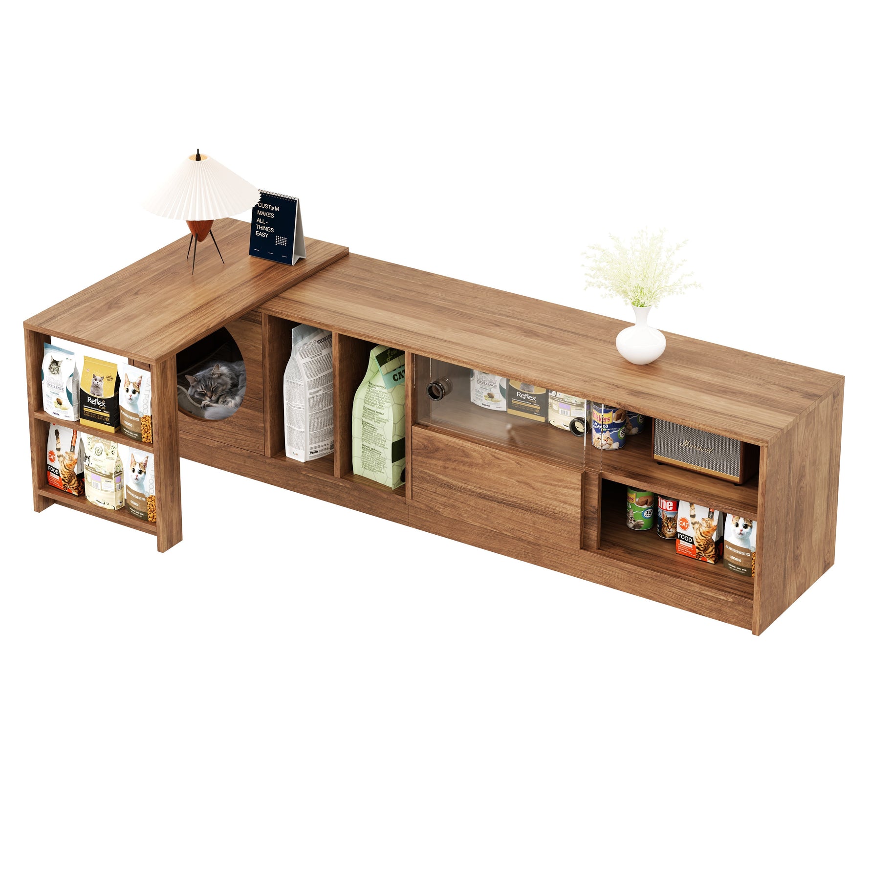 Modern Rotating TV Cabinet Extendable Pet-Friendly Glass Doors 180(+80)x40x50 cm - Walnut