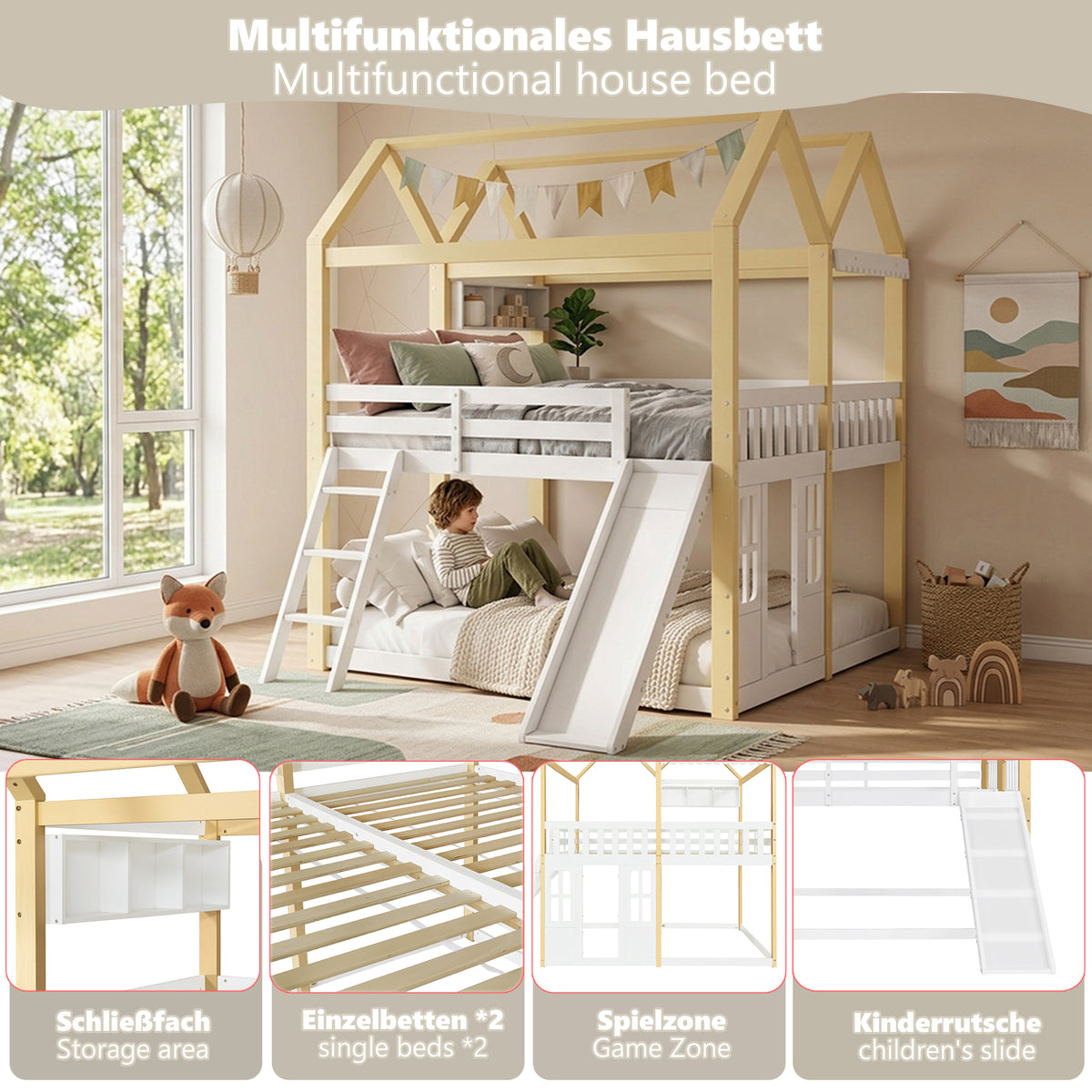 Children's House Loft Bed 90x200cm with Slide, White & Natural Wood