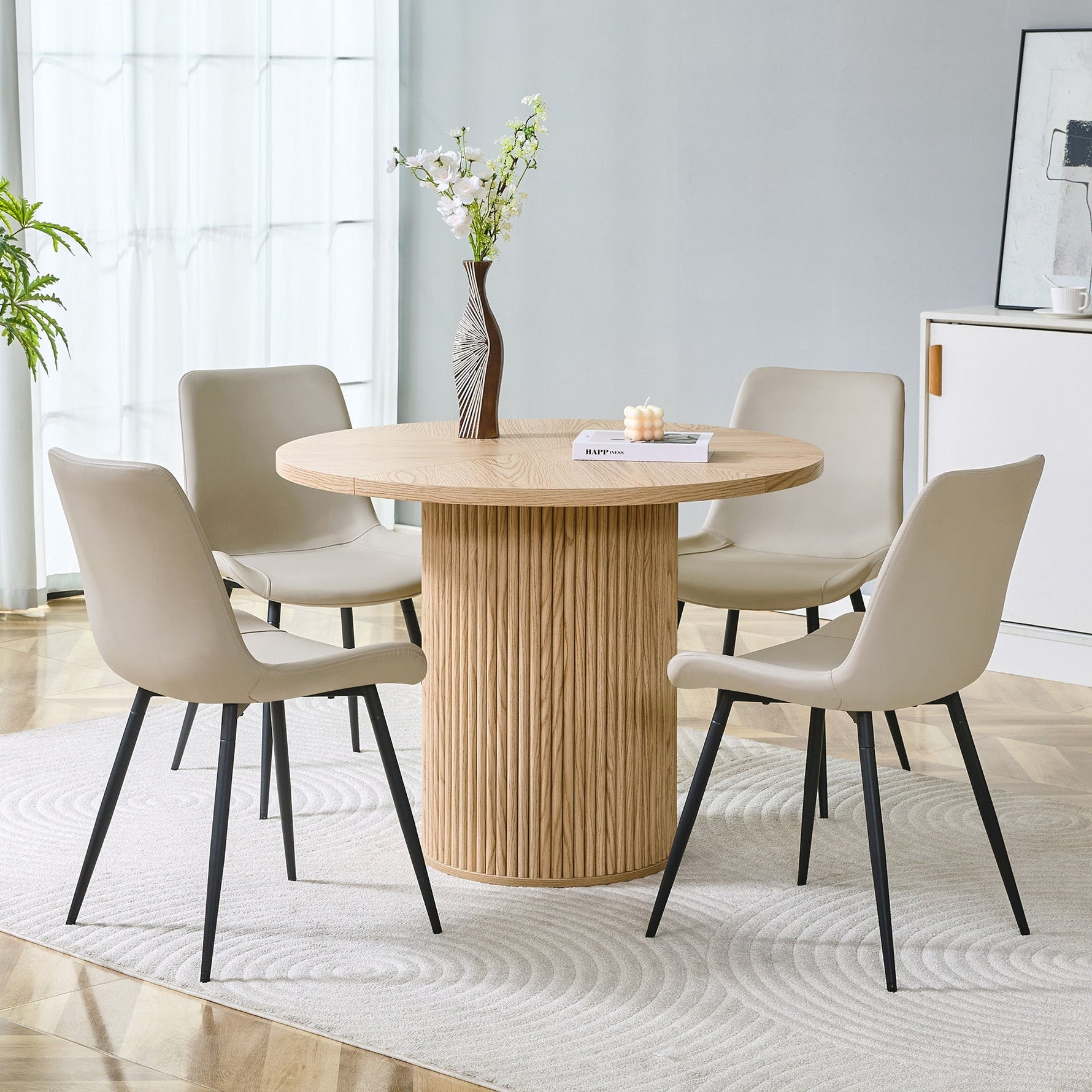 Minimalist Round Dining Set 100cm 4 Chairs Faux Leather - Light Wood/Grey