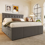 Upholstered Double Bed with 3 Drawers and Extendable Bed, 140x200cm, Grey