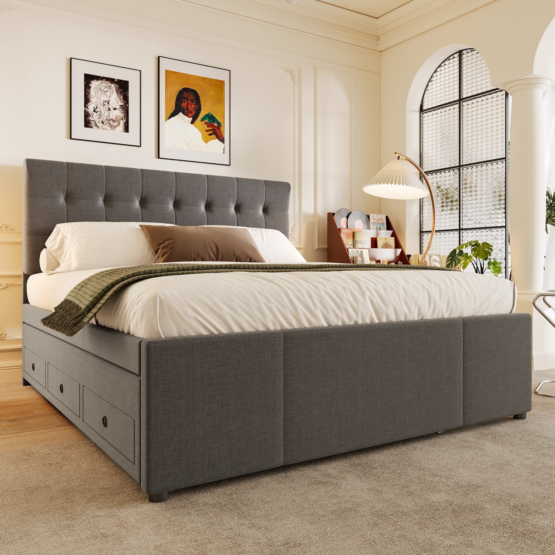 Upholstered Double Bed with 3 Drawers and Extendable Bed, 140x200cm, Grey