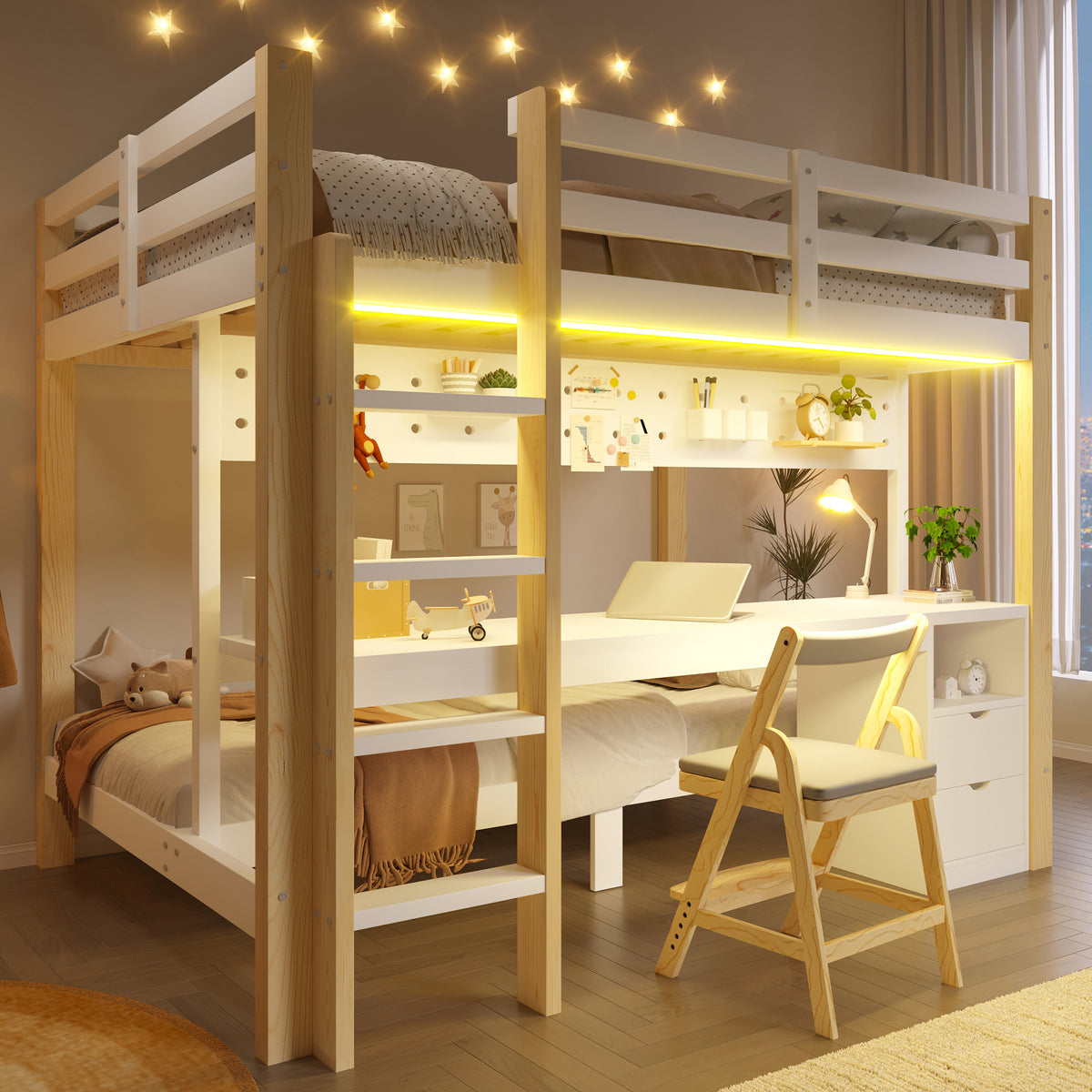 Loft Bed 90x200/140x200 cm with Desk & Drawers, Pine Wood