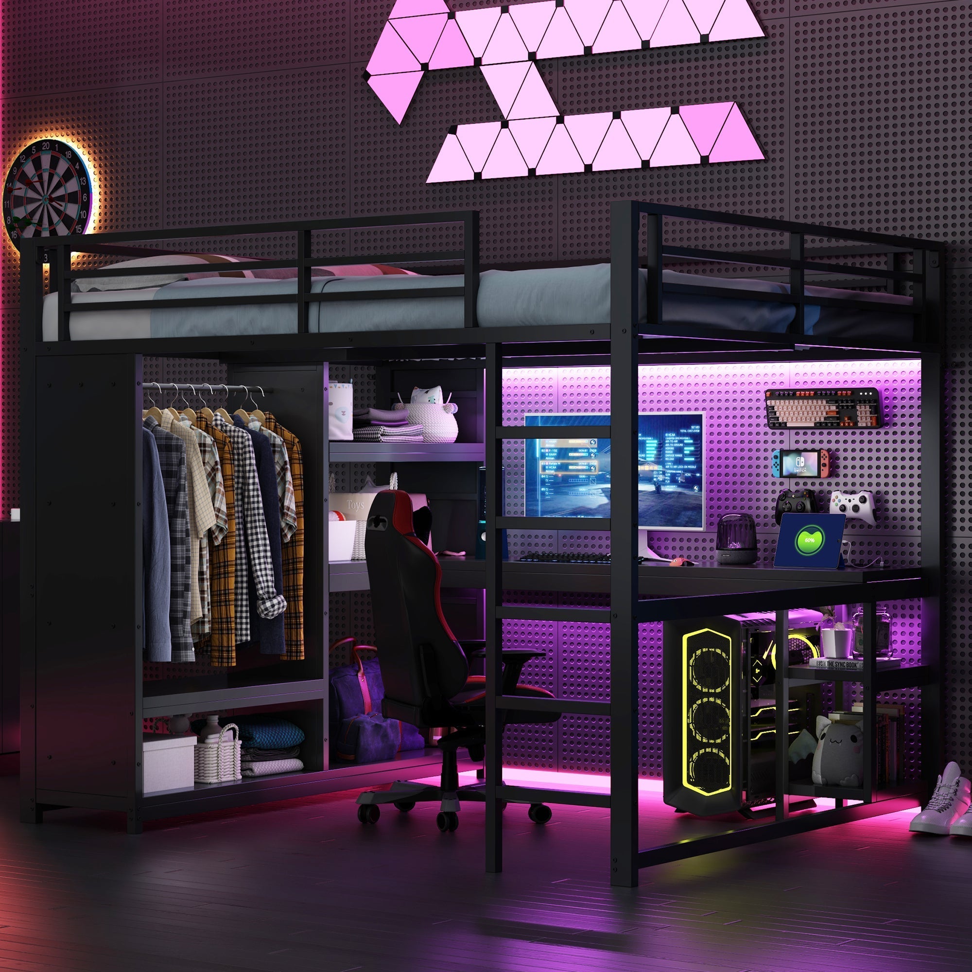 Loft Bed 160x200 Gaming Desk LED Storage Wardrobe - Black Metal