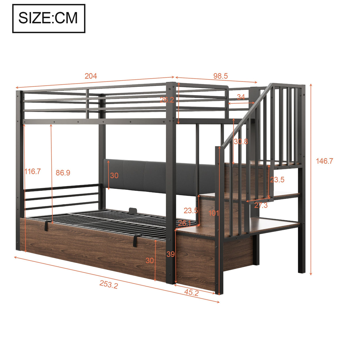 Iron Loft Bed with Hydraulic Function, Padded Backrest and Safety Ladder, 90x200cm, Black PU