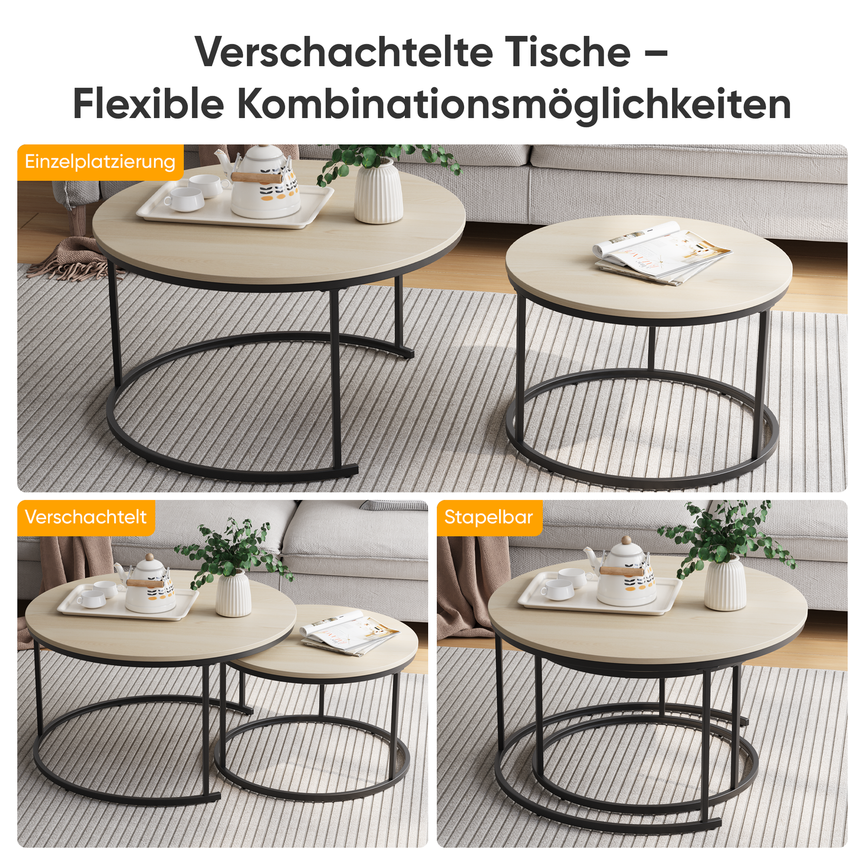 Nesting Coffee Table Set, Two-piece Round 80cm Modern Design, Oak Veneer and Metal Frame
