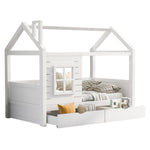 House Bed 90x200 with Fall Protection & Window, Solid Wood White