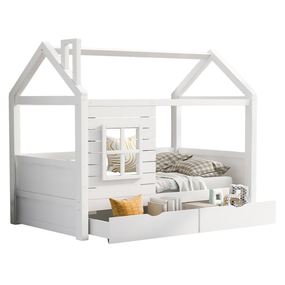 House Bed 90x200 with Fall Protection & Window, Solid Wood White