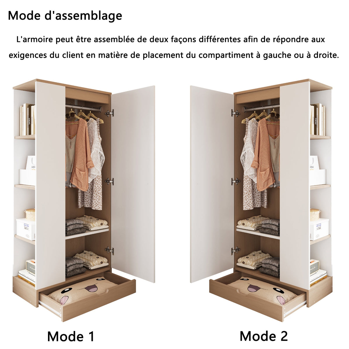 Wardrobe 70x40x170cm Single Door with Shelves and Drawers, Natural Wood/White