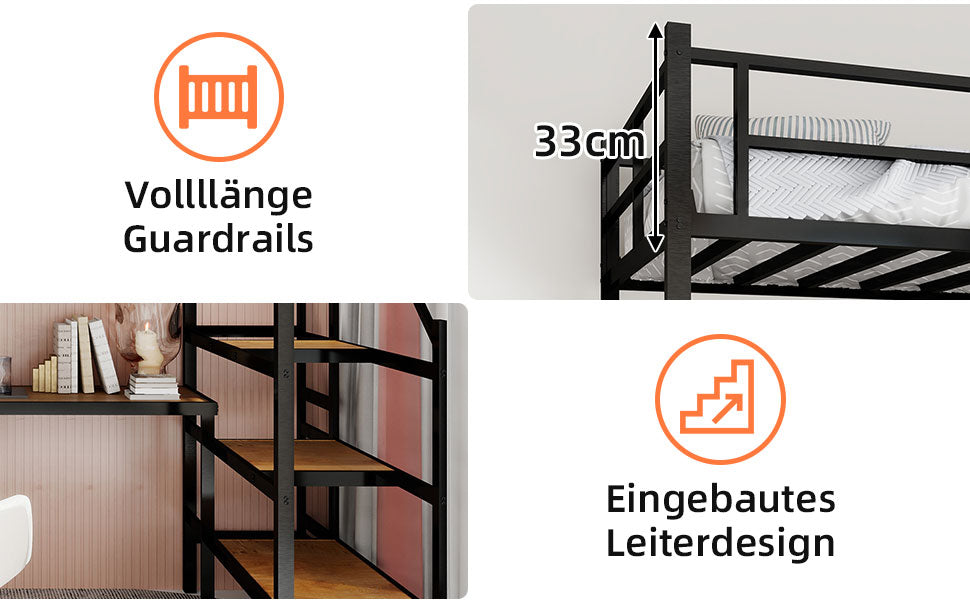 Loft Bed with L-shaped Desk, Storage & Stairs, Sturdy Metal