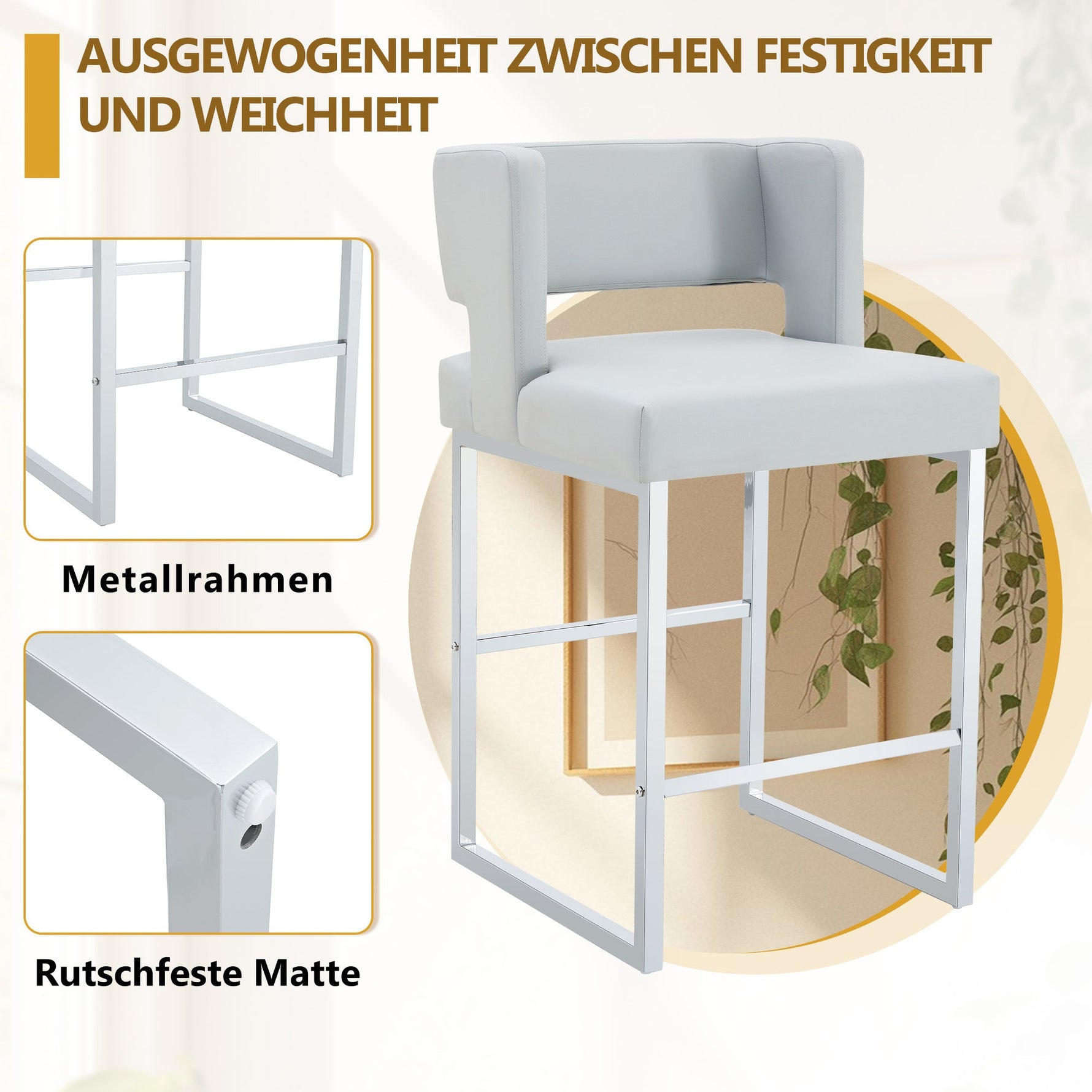 Nordic Bar Chairs Set of 2 Modern Square Design Silver Metal Legs Light Grey