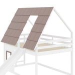 Wooden House Bunk Bed with Roof, Ladder and Slide, 140 x 200, White and Brown