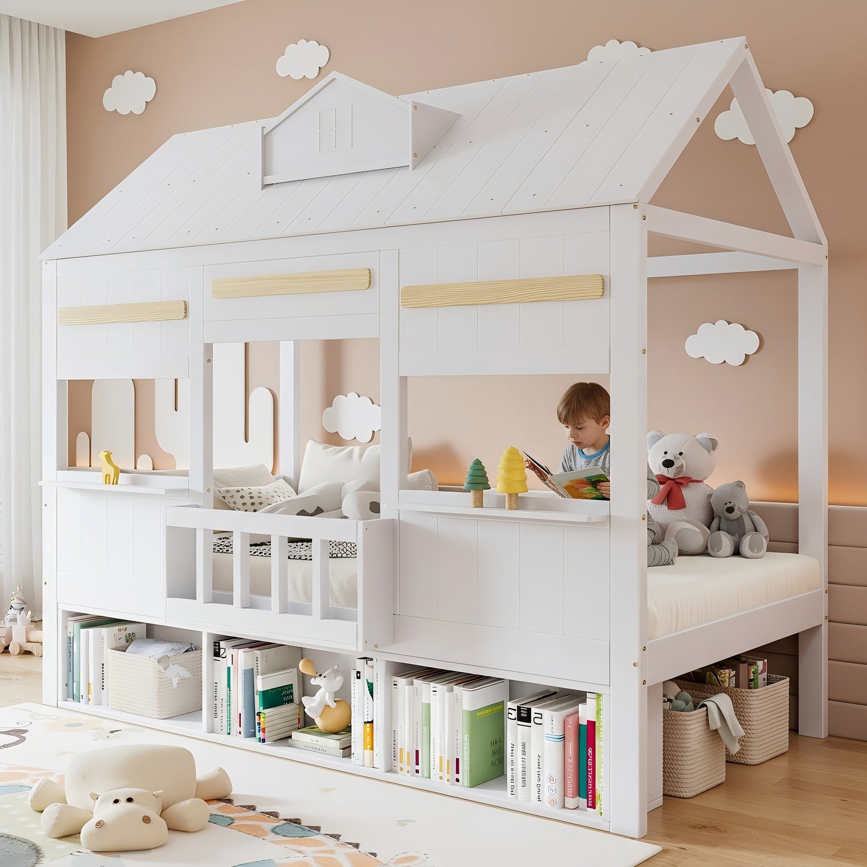 Loft Bed with House-Shaped Design, Bookshelf and Slatted Base, 90x200cm, White Pine + MDF