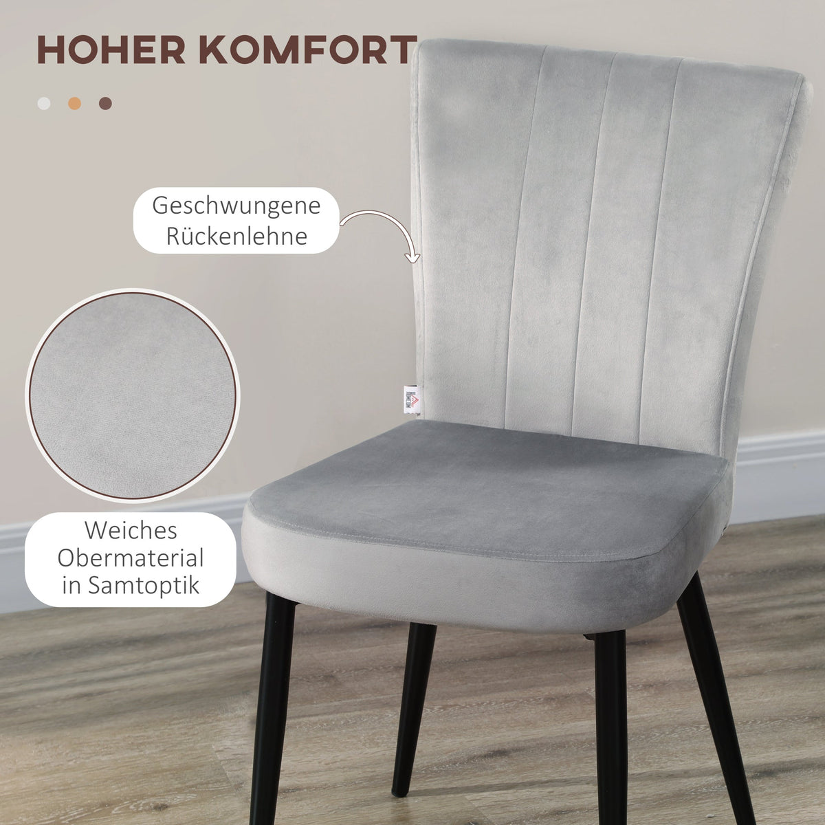Dining Chair Set of 4, Kitchen Chairs, Backrest, Grey Velvet