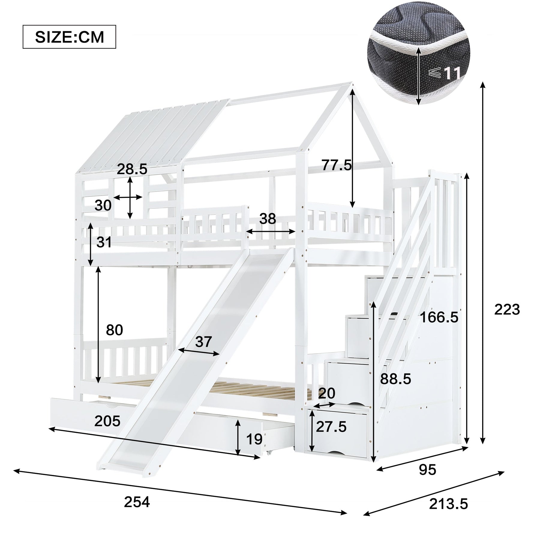 Bunk Bed, House Bed with Stairs, Slide, Storage, Safety Gate & Drawer, Pine/MDF, White