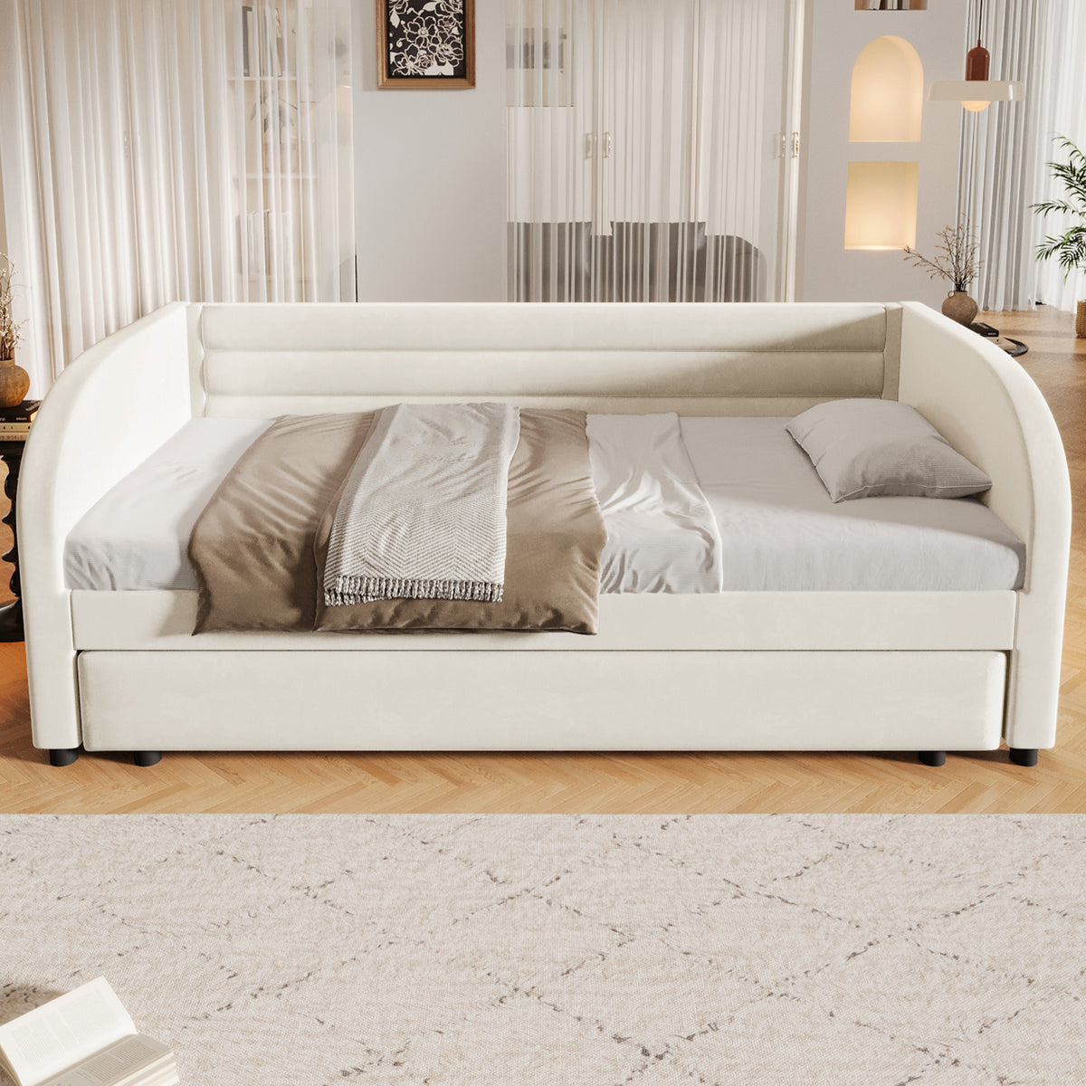 Upholstered Platform Bed 90x200 with Pull-Out Bed & LED - Beige