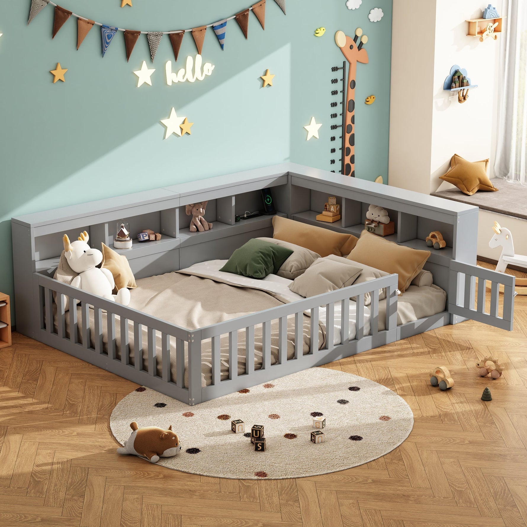 Daybed with Storage and USB Ports, 140x190cm Sofa Bed with Slatted Base and Railing, Grey Chipboard