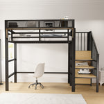 Loft Bed 90x200 with Safety Ladder & Storage, White Metal