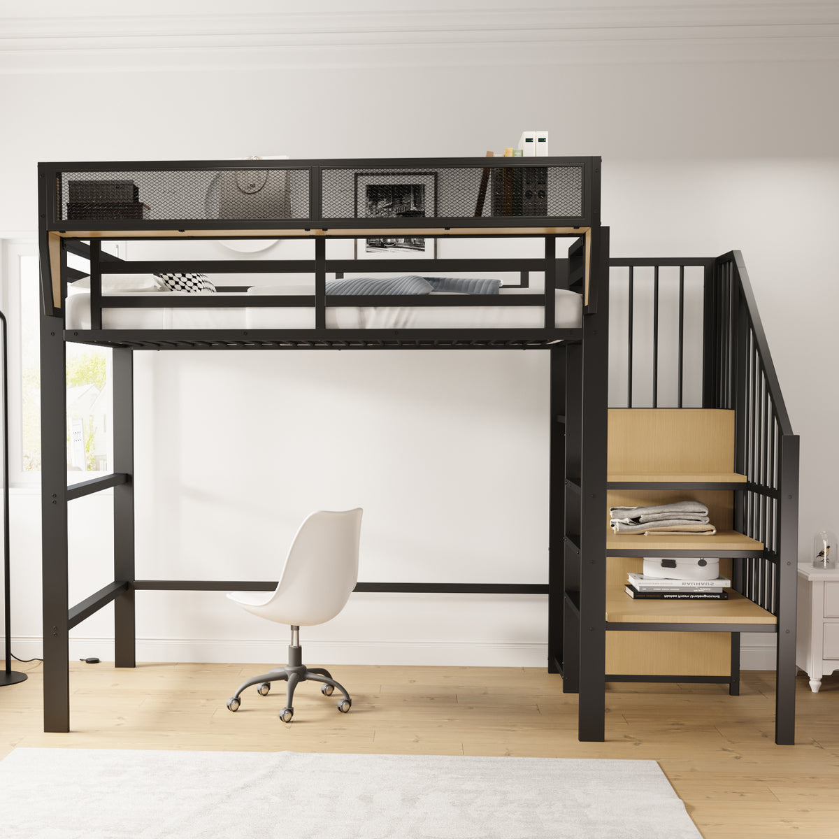 Loft Bed 90x200 with Safety Ladder & Storage, White Metal