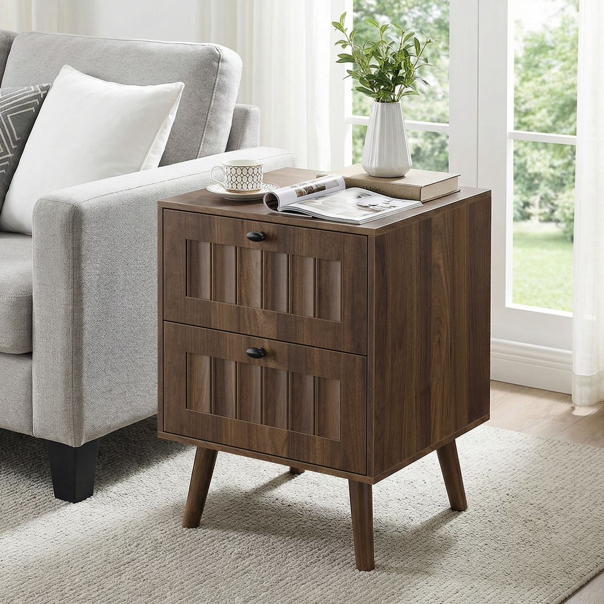 Modern Bedside Table with Two Drawers and Solid Wood Legs, 43.5 x 40 x 57.5 cm, Walnut
