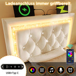 Upholstered Single Bed 90x200cm with LED & Storage, Beige Velvet