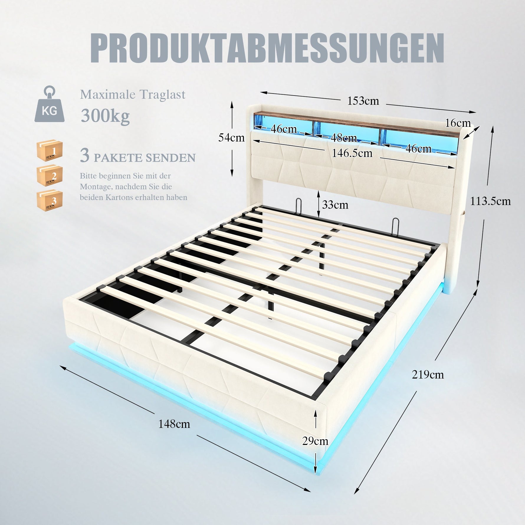 Multifunctional Bed with LED Lighting, Storage Headboard and USB Charging Station, 140x200cm, Beige