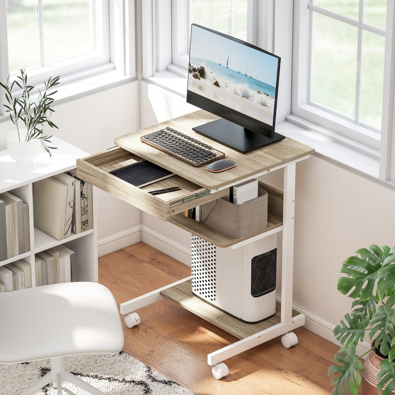 Rolling Desk with Drawer, Shelves, 4 Wheels, Chipboard & Metal