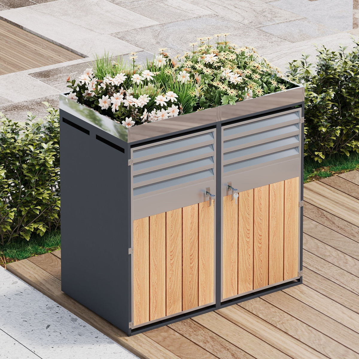 Garbage Can Enclosure with Ventilated Storage, Lockable Double Doors and Planting Area, Galvanized Steel