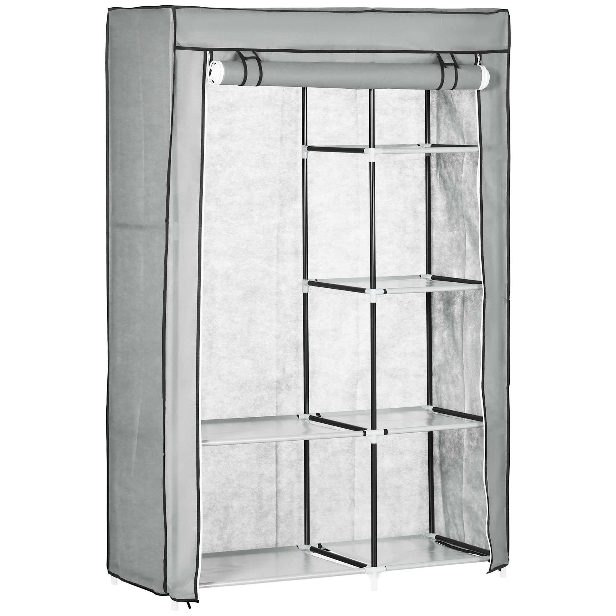 Wardrobe Fabric, 6 Compartments, Foldable, Grey