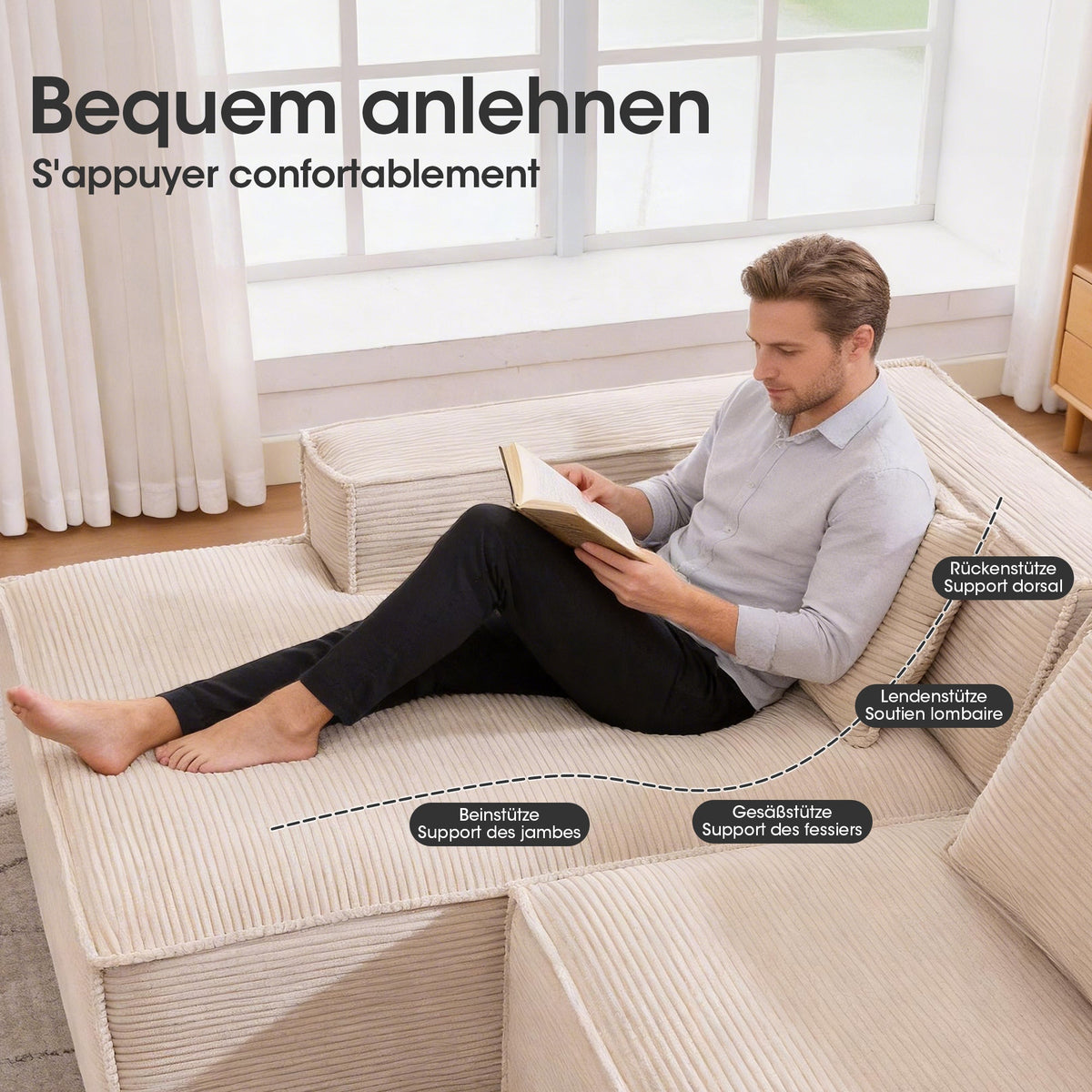 Economy Textile Sofa, 235 cm Wide with Two Cushions and Pencil Case, Modern and Comfortable, Textile