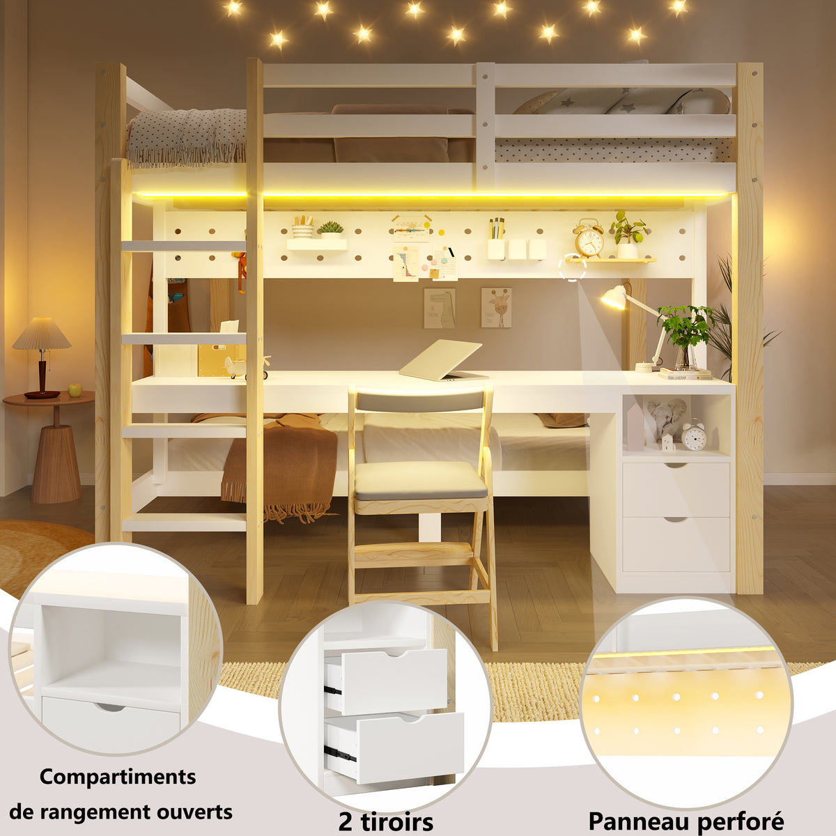 Loft Bed 90x200/140x200 cm with Desk & Drawers, Pine Wood