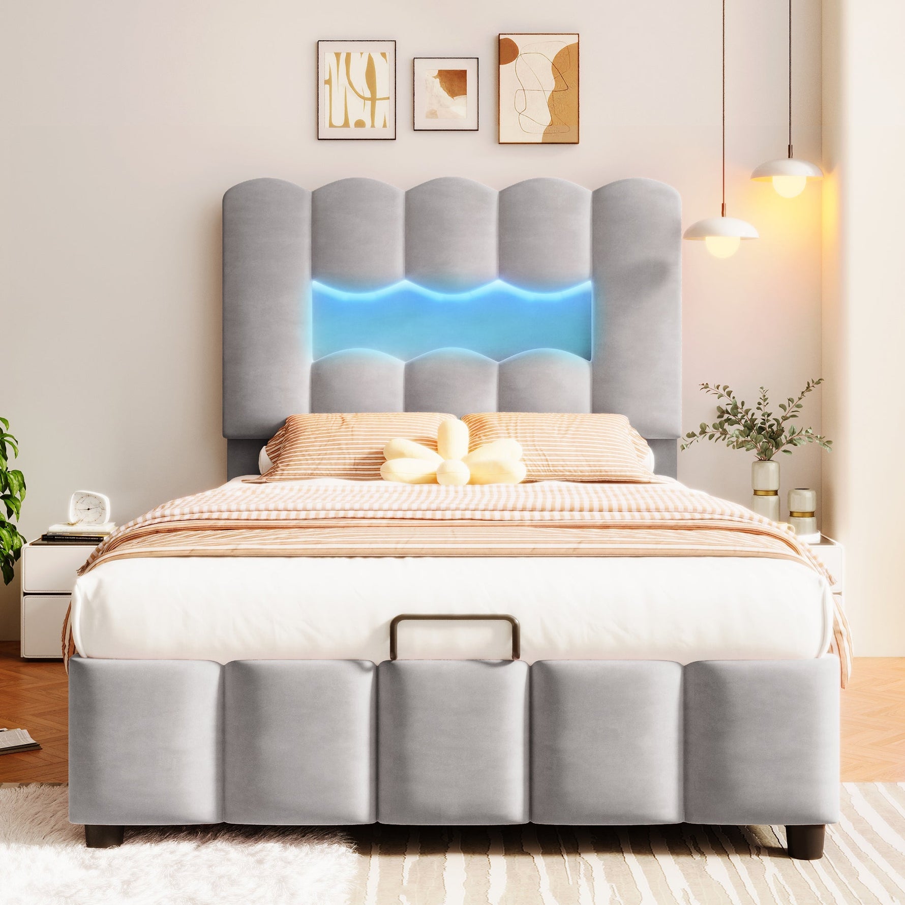 Upholstered Bed 90x200cm Hydraulic Storage LED Adjustable Headboard Velvet Grey