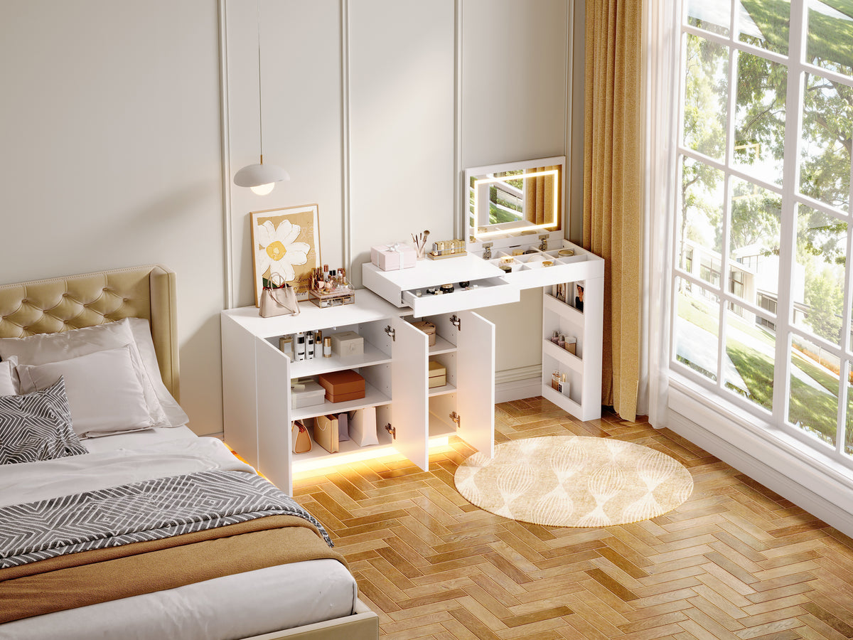 L-Shaped Rotating Vanity Table with LED Lighting, High-Gloss White