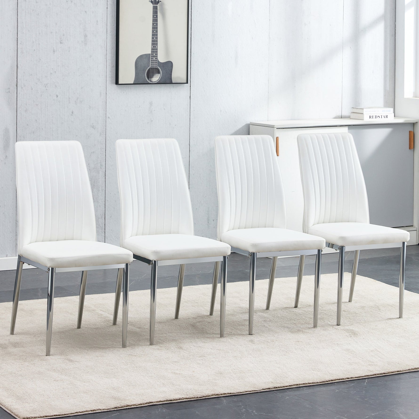 Dining Chairs 4-Piece Set, Silver Metal Legs, White PU Leather