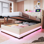 Children's Upholstered Bed 90*200cm, Lights, USB, Storage, Beige Linen