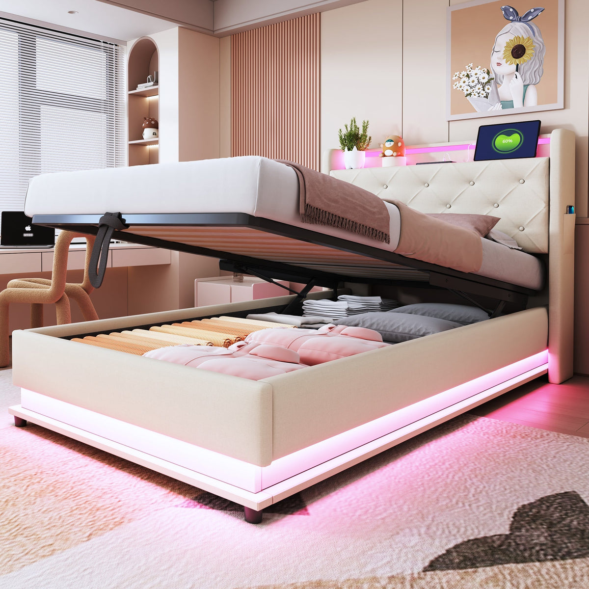 Children's Upholstered Bed 90*200cm, Lights, USB, Storage, Beige Linen