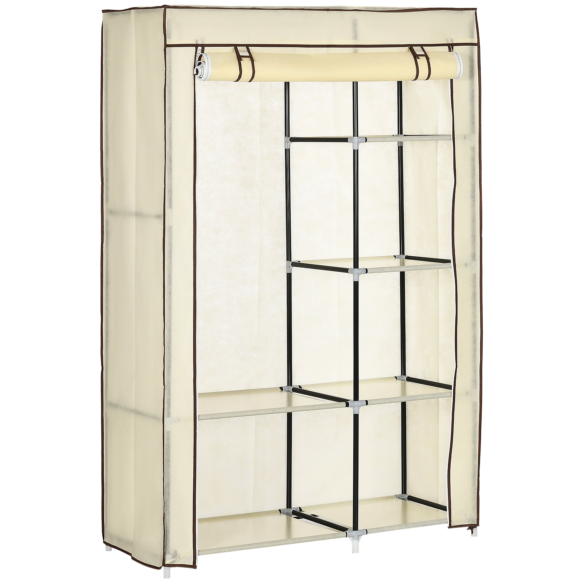Wardrobe Foldable, 2 Clothes Rails & 6 Compartments, Fabric Cream
