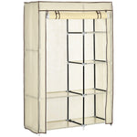 Wardrobe Foldable, 2 Clothes Rails & 6 Compartments, Fabric Cream