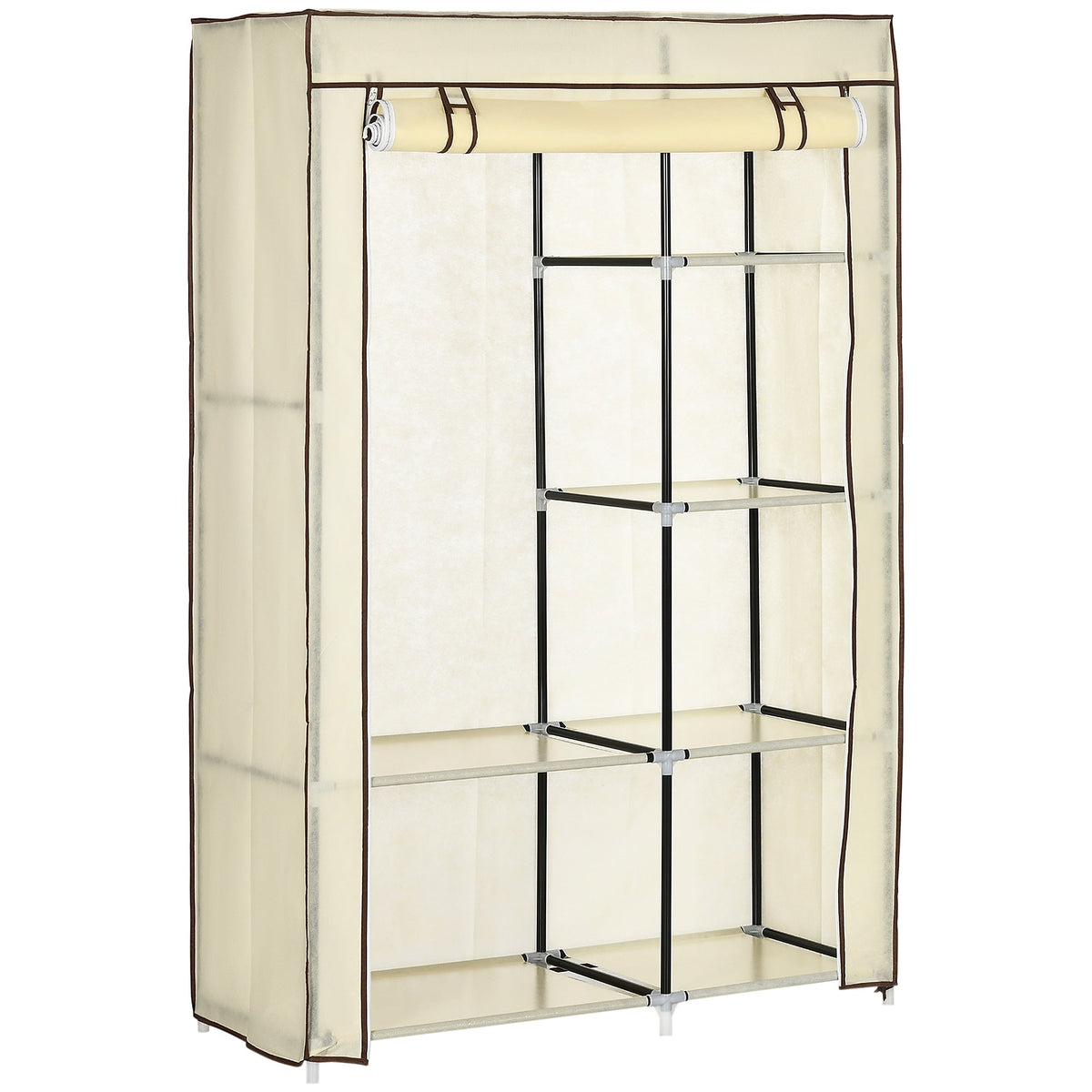 Wardrobe Foldable, 2 Clothes Rails & 6 Compartments, Fabric Cream