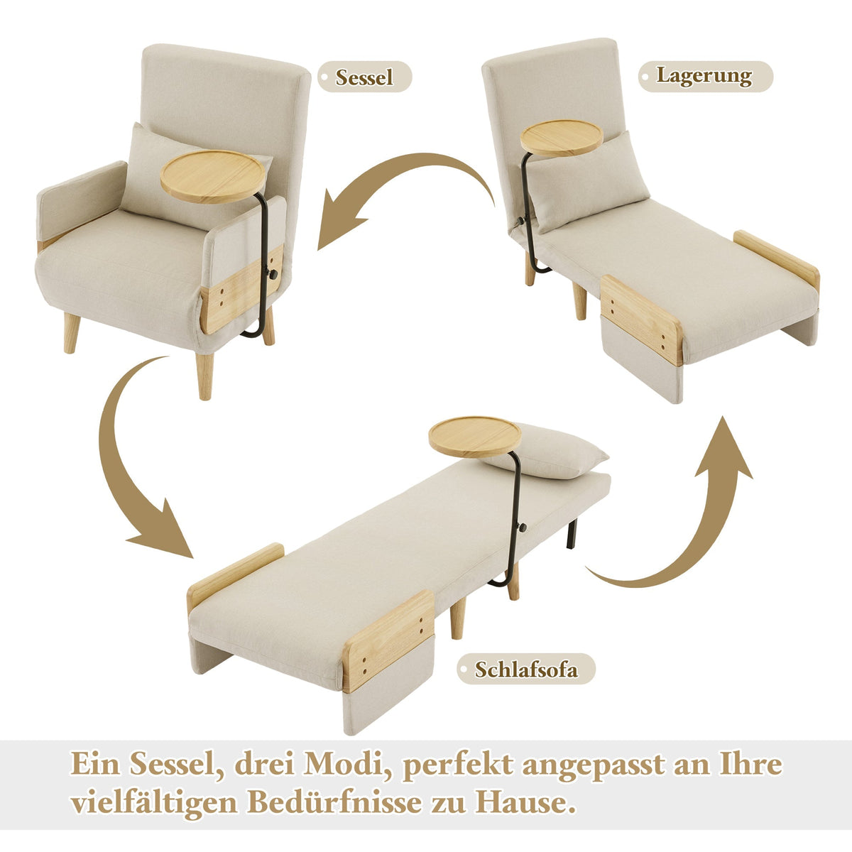 3-in-1 Convertible Armchair, Sleeping Function Upholstered Folding Seat, Wooden Tray