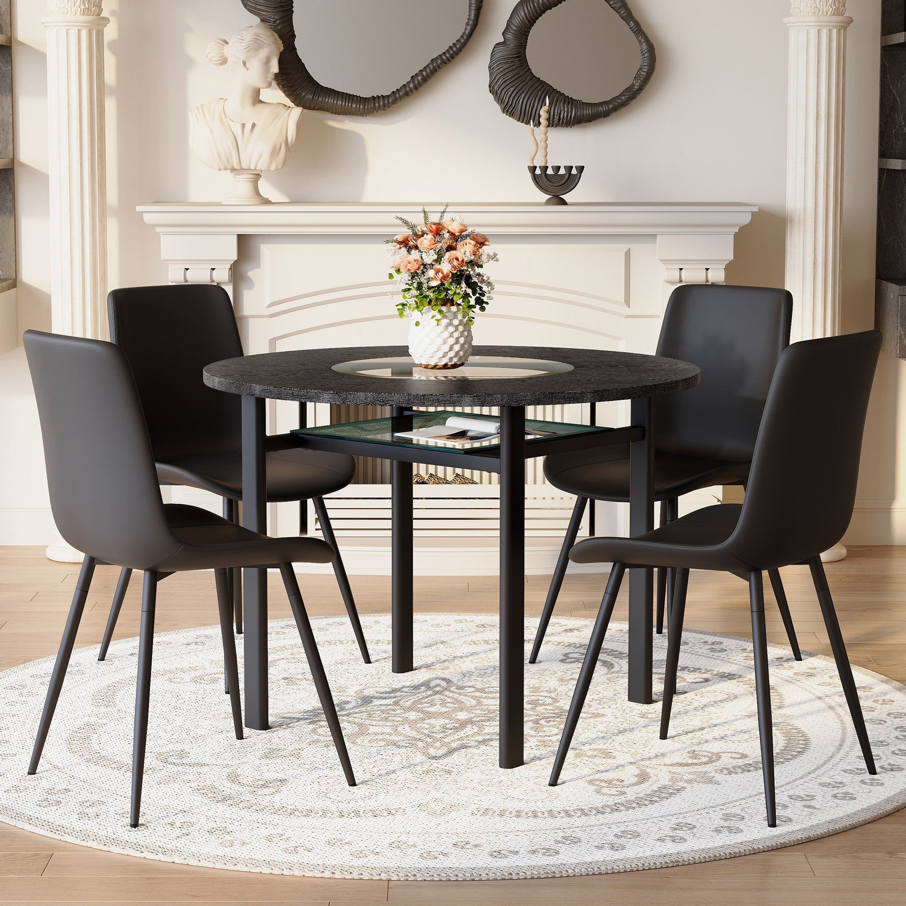 Minimalist Round Table Set 100cm with 4 PU Armchairs - Black Wood Look