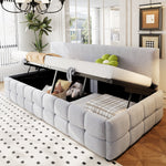 Upholstered Sofa Bed 90x200cm Hydraulic Storage Classic Check Pattern Light Grey Velvet