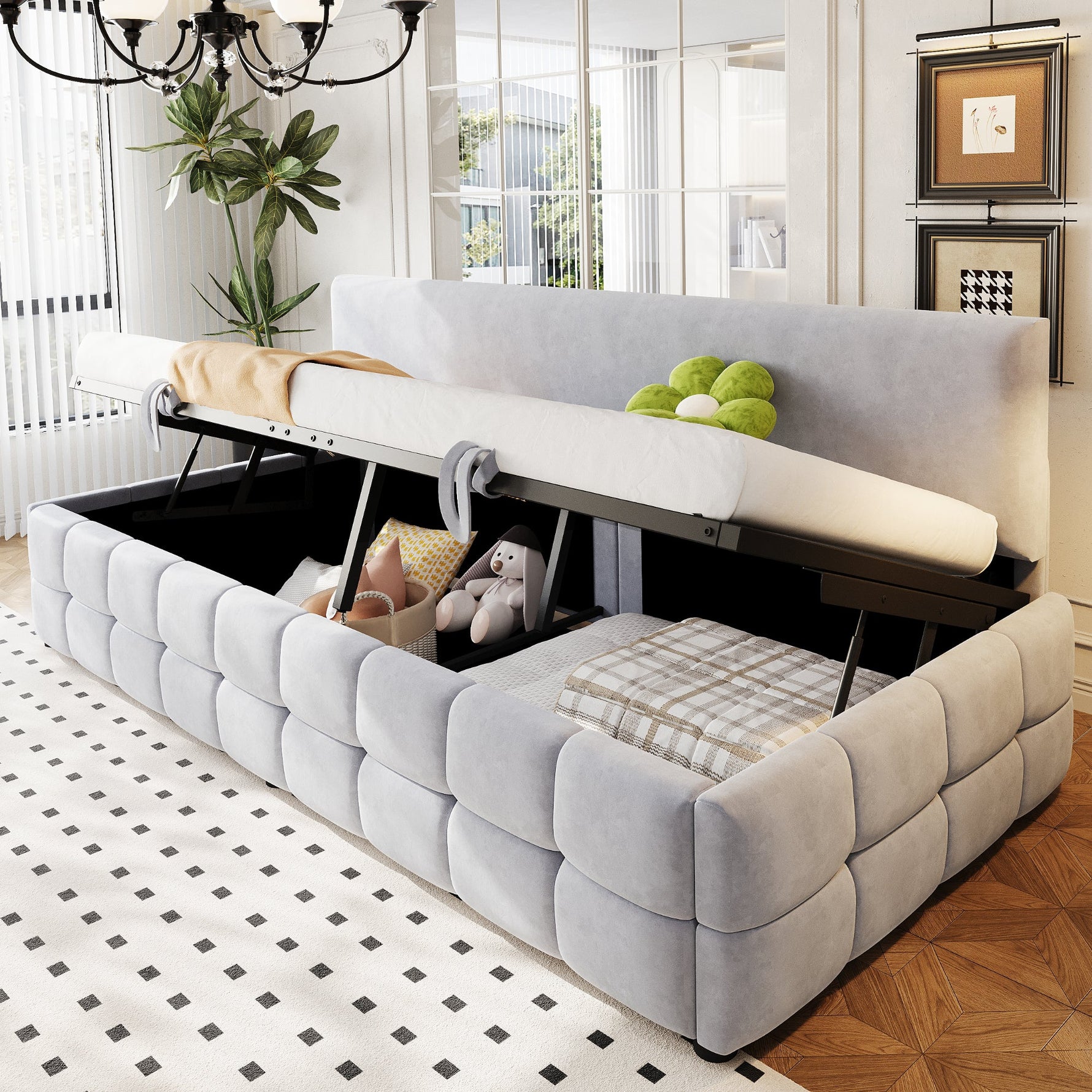 Upholstered Sofa Bed 90x200cm Hydraulic Storage Classic Check Pattern Light Grey Velvet