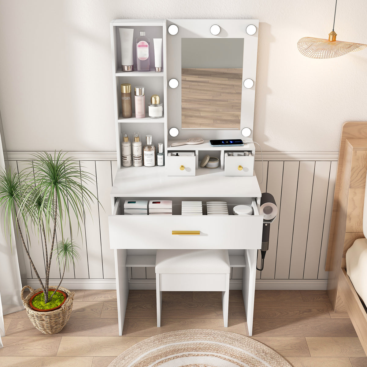 Small Vanity Desk Set with LED Mirror & Stool, White